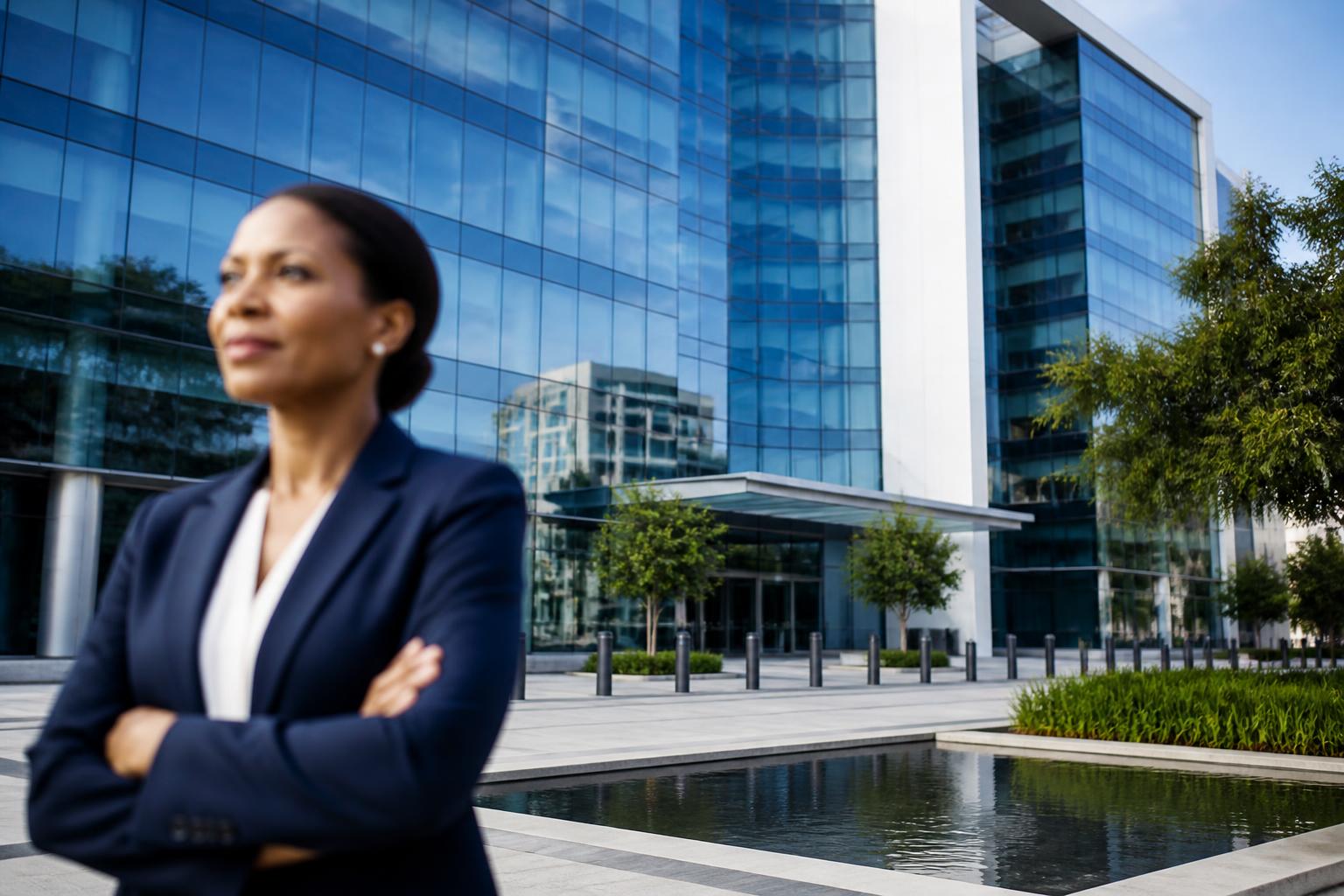 A professional businesswoman executive standing outside the modern glass headquarters of a South African financial regulator